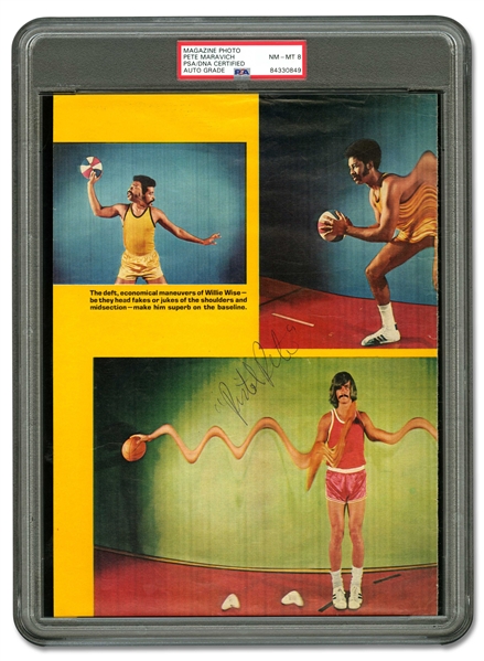 EARLY 1970S "PISTOL PETE" MARAVICH AUTOGRAPHED SPORTS ILLUSTRATED MAGAZINE PAGE - PSYCHEDELIC 70S IMAGE - PSA/DNA NM-MT 8 (JACK ZIMMERMAN COLLECTION)