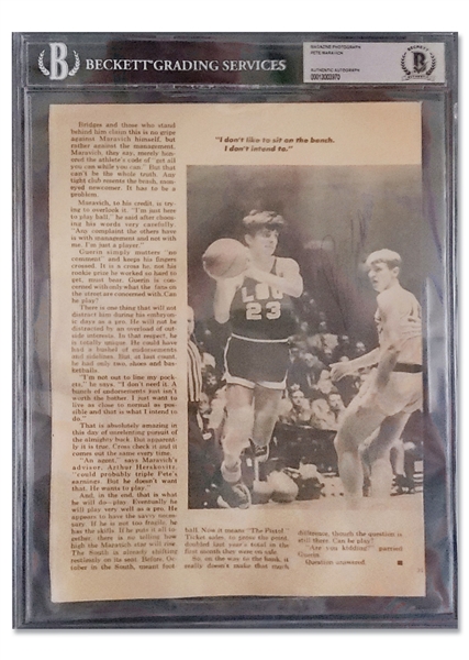 CLASSIC "PISTOL PETE" MARAVICH LSU TIGERS VS. KENTUCKY AUTOGRAPHED MAGAZINE PAGE - STRONG VINTAGE BALLPOINT - BECKETT (JACK ZIMMERMAN COLLECTION) 