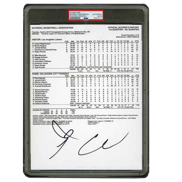 RUSSELL WESTBROOK AUTOGRAPHED OFFICIAL SCORERS REPORT FROM HIS 20 POINT, 21 ASSIST, & 20 REBOUND GAME