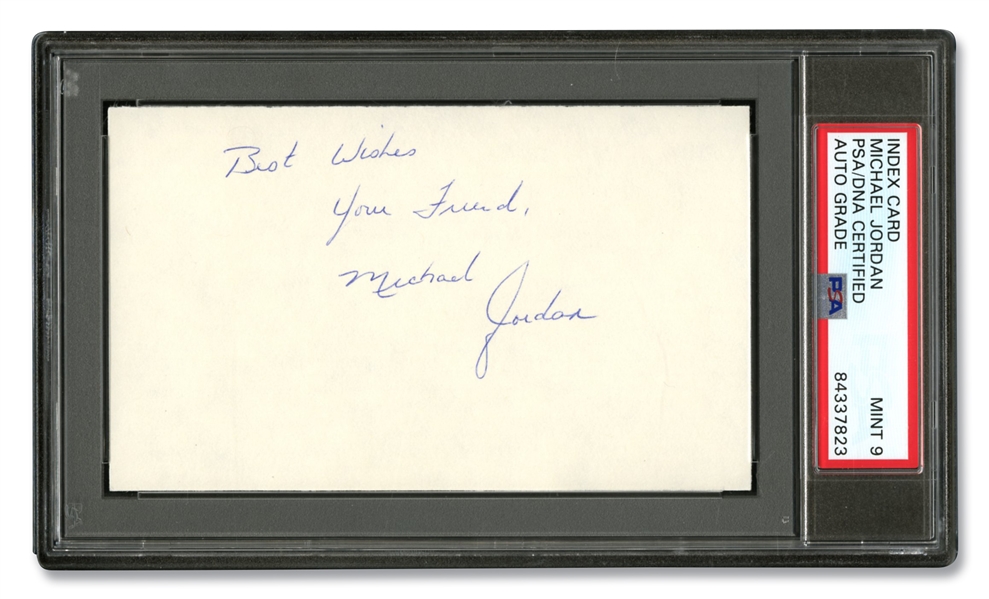 SCARCE VERY EARLY MICHAEL JORDAN COLLEGE-ERA NORTH CAROLINA AUTOGRAPHED 3" X 5" INDEX CARD - INSCRIBED BEST WISHES & YOUR FRIEND - PSA/DNA MINT 9