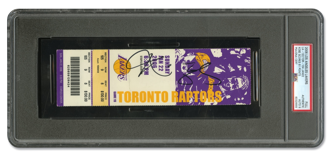 JANUARY 22, 2006 LOS ANGELES LAKERS FULL TICKET - KOBE BRYANT SCORES LOS ANGELES LAKERS RECORD 81 POINTS IN WIN VS. RAPTORS - PSA AUTHENTIC, MINT 9 AUTO.