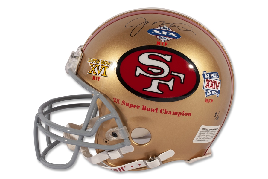 JOE MONTANA UPPER DECK LIMITED EDITION (8/16) AUTOGRAPHED COMMEMORATIVE 3 TIME MVP 49ERS FOOTBALL HELMET (WITH DISPLAY CASE & BOX) - UDA
