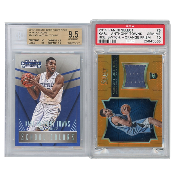 (1) 2015 CONTENDERS DRAFT PICKS SCHOOL COLORS #24 KARL-ANTHONY TOWNS - BGS 9.5 & (1) 2015 PANINI SELECT ROOKIE SWATCH ORANGE PRIZM #5 KARL-ANTHONY TOWNS - PSA GEM MINT 10
