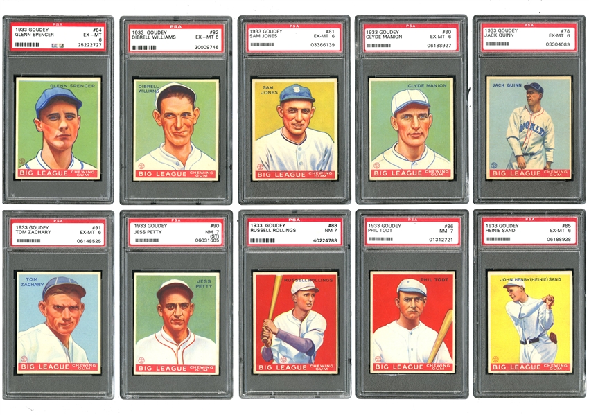 1933 GOUDEY STARTER SET OF (62) SPANNING FROM #78 THRU #161 - ALL PSA GRADED - MOSTLY NM 7, EX-MT 6 & ONE EX 5
