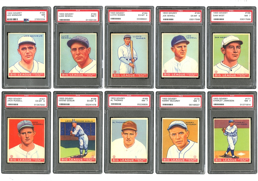 1933 GOUDEY STARTER SET OF (59) SPANNING FROM #162 THRU #240 - ALL PSA GRADED - MOSTLY EX-MT 6, NM 7 & FOUR EX 5