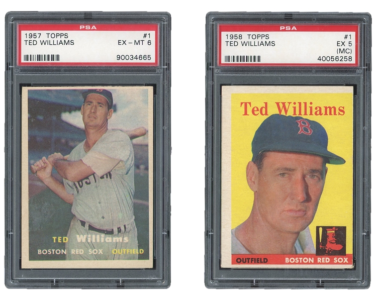 PAIR OF SHARP TED WILLIAMS TOPPS CARDS - (1) 1957 #1 PSA EX-MT 6 & (1) 1958 #1 PSA EX 5 (OC)