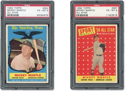 PAIR OF CLEAN MICKEY MANTLE TOPPS ALL-STAR CARDS - (1) 1958 #487 & (1) 1959 #564 - HIGH NUMBERS - BOTH PSA EX-MT 6