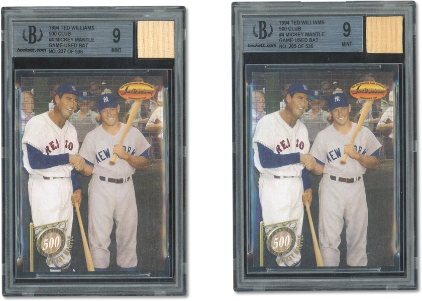 (2) 1994 TED WILLIAMS 500 CLUB #4 MICKEY MANTLE COOPERSTOWN COLLECTION GAME USED BAT CARDS - LIMITED EDITION (1) (237/536)  & (2) - (285/536) - BOTH BECKETT MINT 9