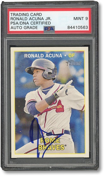 2016 TOPPS HERITAGE #165 RONALD ACUNA ROME BRAVES AUTOGRAPHED BASEBALL CARD - PSA/DNA MINT 9
