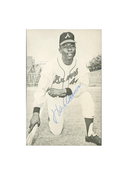 TRIO OF CLASSIC HANK AARON SIGNED ITEMS - (2) BLACK & WHITE PHOTO POSTCARDS & (1) 8" X 10" PHOTO - VINTAGE BLUE BALLPOINT - EACH WITH JSA LOA 