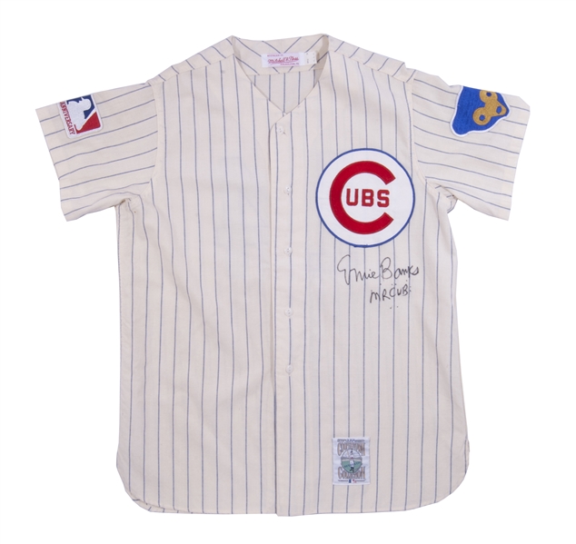 ERNIE BANKS SIGNED AND INSCRIBED CHICAGO CUBS MITCHELL & NESS THROWBACK JERSEY - BECKETT COA