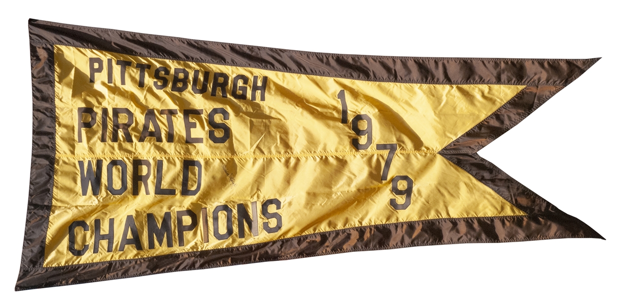 1979 PITTSBURGH PIRATES WORLD SERIES CHAMPS 94" X 46" THREE RIVERS STADIUM FLAG/BANNER SIGNED BY WILLIE STARGELL - JSA LOA & BECKETT COA