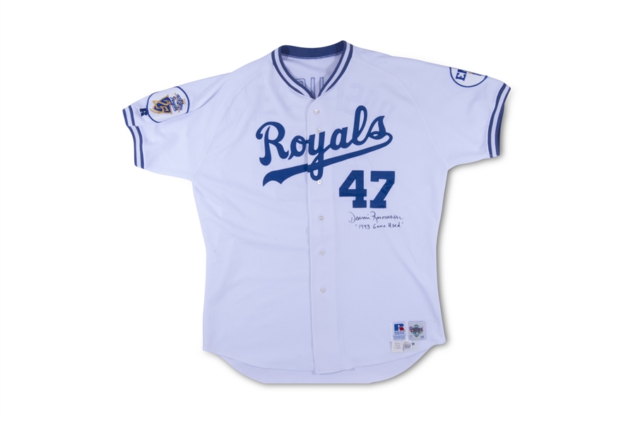1993 DENNIS RASMUSSEN KANSAS CITY ROYALS SIGNED GAME WORN HOME JERSEY WITH ROYALS 25TH ANNIVERSARY SLEEVE PATCH & EMK (FOUNDING OWNER EWING KAUFMAN) TRIBUTE PATCH - BECKETT COA/RASMUSSEN LETTER