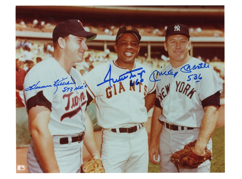 MICKEY MANTLE, HARMON KILLEBREW, AND WILLIE MAYS MULTI-SIGNED & INSCRIBED 8"X10" PHOTOGRAPH - KILLEBREW FAMILY LOA