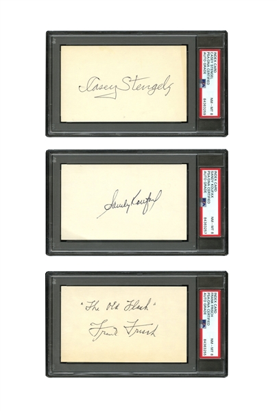 SUPERBLY SIGNED TRIO OF BASEBALL HOF INDEX CARDS - FRANKIE FRISCH "THE OLD FLASH" (d. 73), SANDY KOUFAX, CASEY STENGEL (d. 75) - ALL PSA NM-MT 8