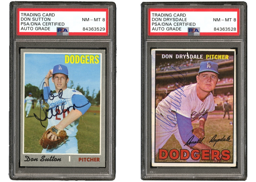 DODGERS HOF PITCHING LEGENDS SIGNED 1967 TOPPS #55 DON DRYSDALE (d. 93) & 1970 TOPPS #622 HIGH NUMBER DON SUTTON (d. 21) - BOTH PSA/DNA NM-MT 8