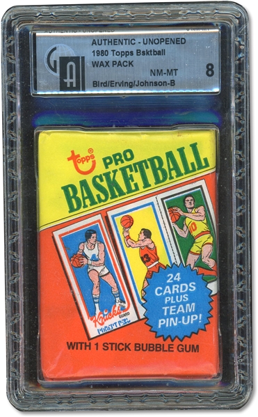 1980 TOPPS BASKETBALL UNOPENED WAX PACK W/ BIRD/ERVING/MAGIC ROOKIE CARD ON BACK - GAI NM-MT 8