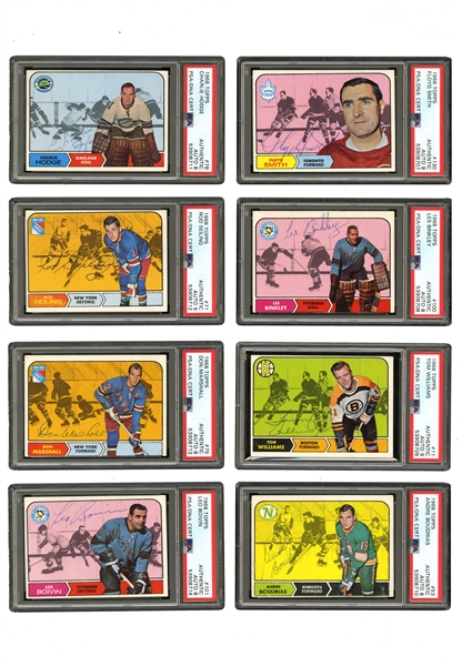 (10) FRESH TO THE HOBBY SIGNED 1968 TOPPS HOCKEY CARDS INCLUDING #11 TOM WILLIAMS (d. 92 age 51), #53 ANDRE BOUDRIS (d. 19),  #78 CHARLIE HODGE (d. 16), #113 JIM ROBERTS (d. 15) - PSA/DNA