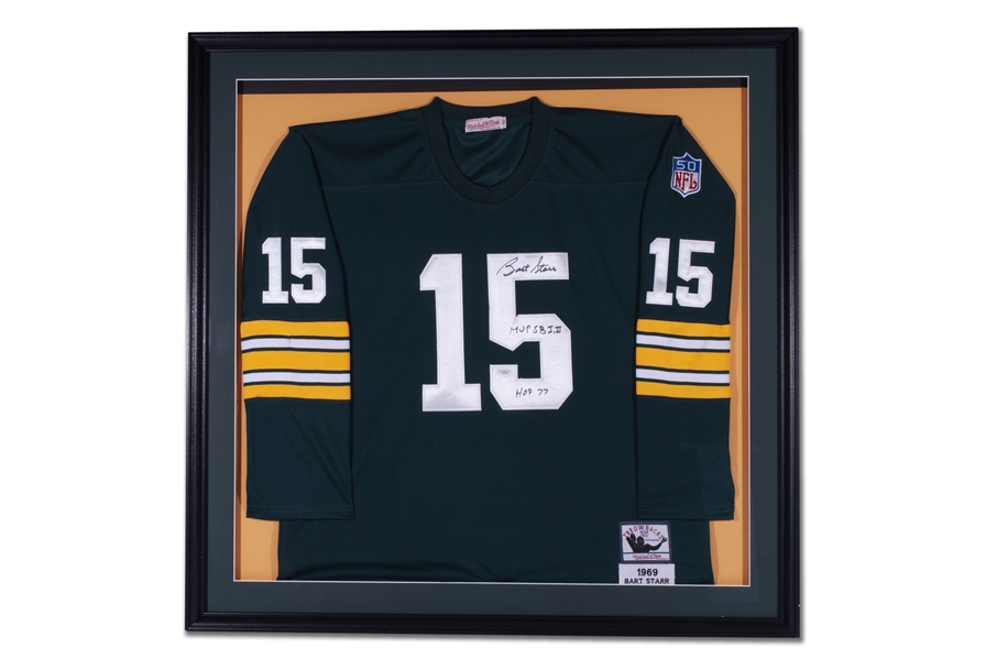 STUNNING FRAMED BART STARR GREEN BAY PACKERS AUTOGRAPHED MITCHELL & NESS 1969 PRO MODEL JERSEY - FRAME MEASURES 36" X 36" - JSA 