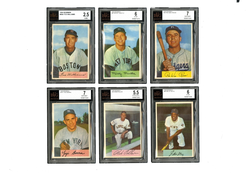 1954 BOWMAN BASEBALL COMPLETE SET (224) - (6) BVG GRADED INCLUDING MANTLE EX-MT 6, WILLIAMS G-VG 2.5, MAYS EX-MT 6 - MANY OTHER GRADING POSSIBILITIES
