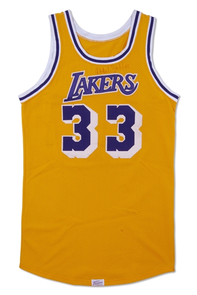 EARLY 1980s KAREEM ABDUL-JABBAR LOS ANGELES LAKERS GAME WORN & AUTOGRAPHED HOME JERSEY - MEARS A10, PSA/DNA LOA