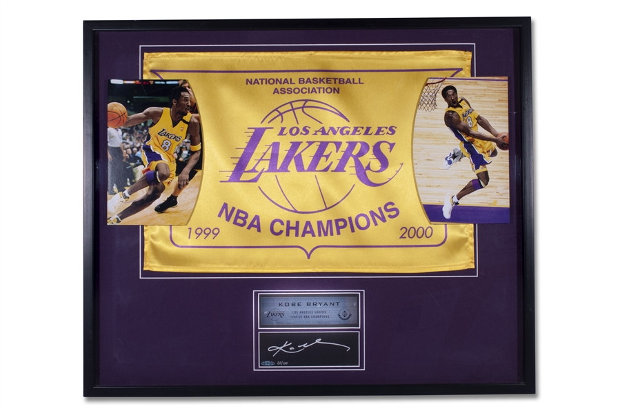 KOBE BRYANT LOS ANGELES LAKERS CHAMPIONSHIP FLAG LIMITED EDITION (20/100) SIGNED & FRAMED DISPLAY - 32" X 28" - UPPER DECK COA