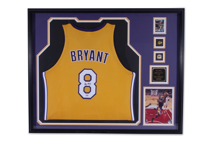 KOBE BRYANT LOS ANGELES LAKERS FRAMED & AUTOGRAPHED PRO MODEL #8 JERSEY - DISPLAY 32" X 41" - PSA/DNA