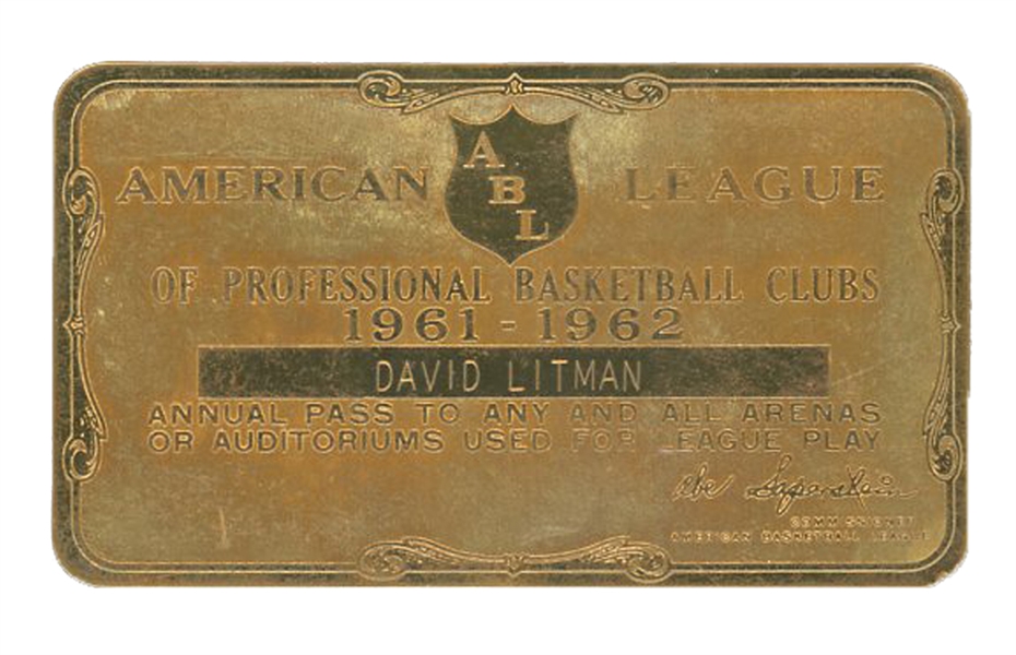 1961-62 AMERICAN BASKETBALL LEAGUE OFFICIAL SEASON PASS PRESENTED TO DAVID LITMAN