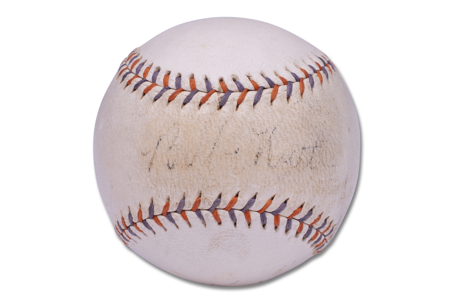 BABE RUTH SIGNED HOME RUN SPECIAL BASEBALL ALSO SIGNED BY LOU GEHRIG, FRANK CROSETTI & REGGIE JACKSON - BECKETT LOA