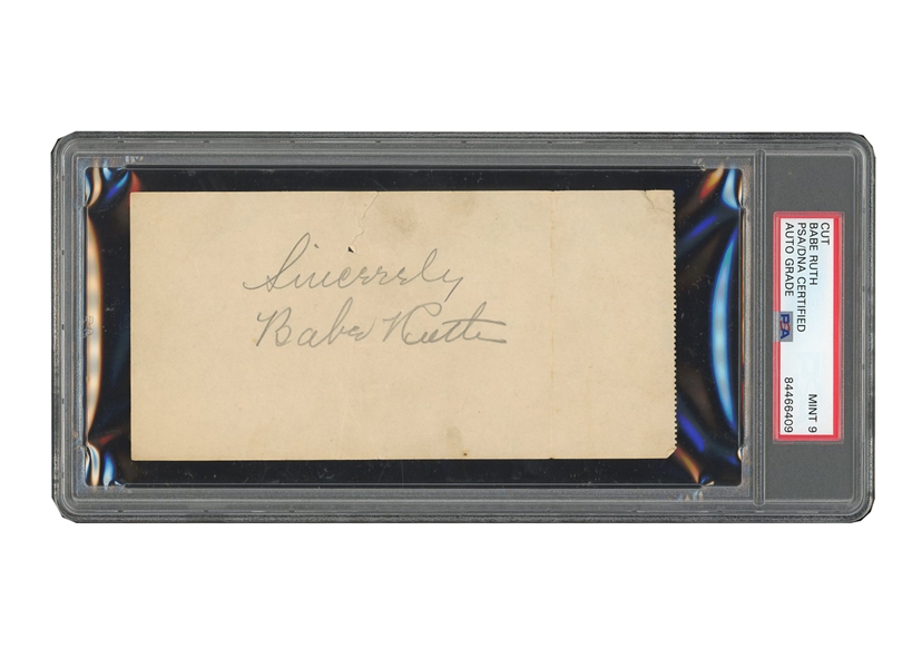 CIRCA 1940 BABE RUTH AUTOGRAPHED 3 1/4" X 6 1/4" CUT - BOLD PENCIL SIGNATURE - INSCRIBED SINCERELY - PSA/DNA MINT 9