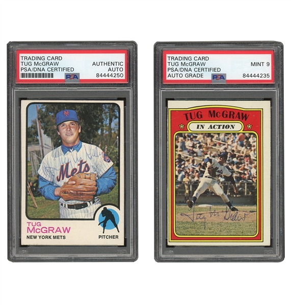 PAIR OF TUG MC GRAW (D. 04) VINTAGE SIGNED TOPPS BASEBALL - 1972 TOPPS #164 (IN ACTION) PSA/DNA MINT 9 & 1973 TOPPS #30 PSA/DNA AUTH. 