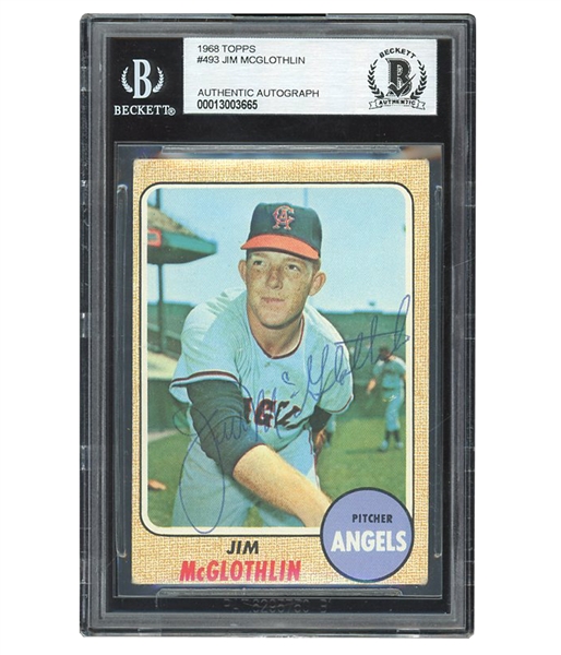 1968 TOPPS #493 JIM MCGLOTHLIN (D. 77 AGE 32) AUTOGRAPHED BASEBALL CARD - PITCHED ON 70 BIG RED MACHINE - BECKETT AUTH. 