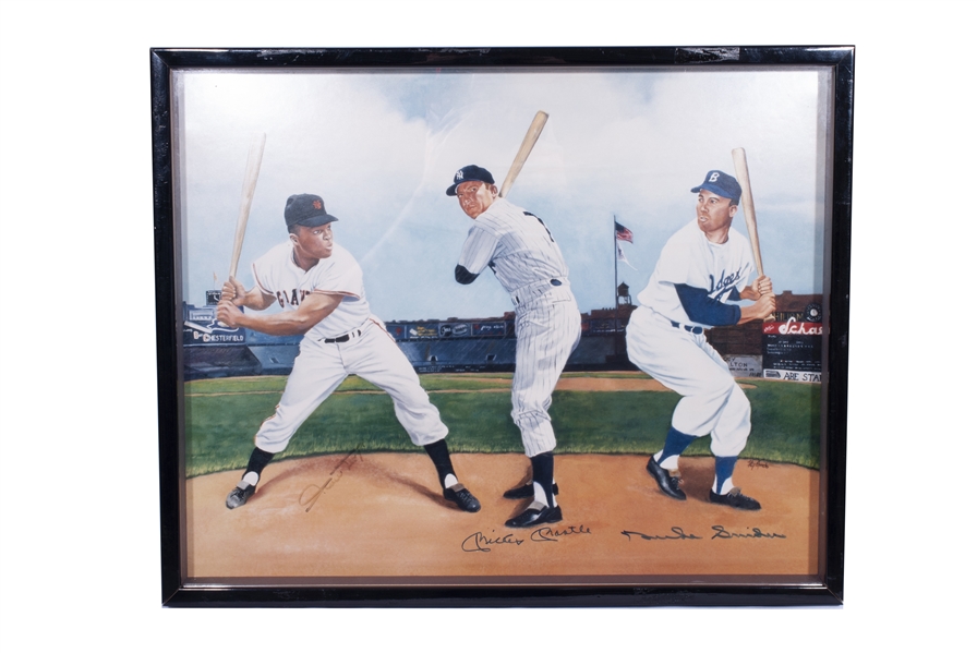 HALL OF FAMER SIGNED 17" X 21" POSTER IN SHADOW BOX DISPLAY FEATURING MICKEY MANTLE, WILLIE MAYS AND DUKE SNIDER - BECKETT LOA (BECKETT GRADE 8 ON AUTOS)