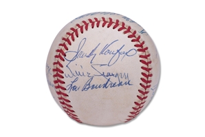 STUNNING HOF OAL (BROWN) AUTOGRAPHED BASEBALL - (14) SIGNATURES IN BOLD BALLPOINT - INC. TED WILLIAMS, KOUFAX, BENCH, STARGELL, BANKS - BECKETT LOA