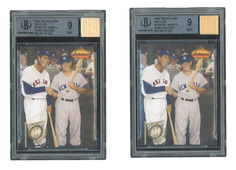 PAIR OF 1994 TED WILLIAMS 500 CLUB #4 MICKEY MANTLE COOPERSTOWN COLLECTION GAME USED BAT CARDS - LIMITED EDITION (237 & 285/536) - BOTH BGS MINT 9