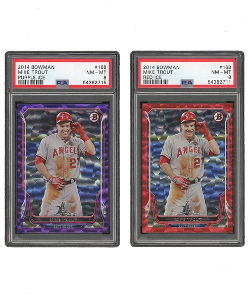 PAIR OF 2014 BOWMAN #168 MIKE TROUT (RED ICE & PURPLE ICE) - BOTH PSA NM-MT 8