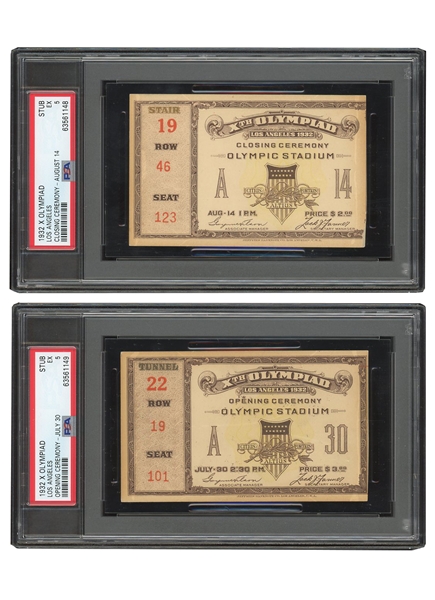 OUTSTANDING 1932 LOS ANGELES OLYMPIC GAMES (1) OPENING CEREMONY TICKET STUB & (1) CLOSING CEREMONY TICKET STUB - BOTH PSA EX 5