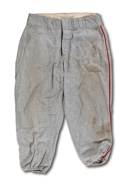 STAN MUSIAL ATTRIBUTED 1954 ST. LOUIS CARDINALS GAME WORN ROAD PANTS INSCRIBED BY MUSIAL "MY PANTS 1954" - BECKETT LOA