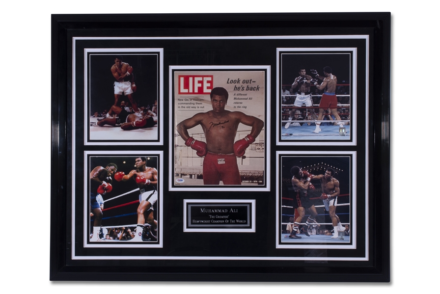 MUHAMMAD ALI SIGNED LIFE MAGAZINE WITH MULTIPLE FIGHT PICTURES FRAME DISPLAY - PSA/DNA