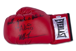 MIKE TYSON & EVANDER HOLYFIELD DUAL SIGNED & TYSON INSCRIBED "HELL YEAH I BIT HIM" EVERLAST BOXING GLOVE - PSA/DNA, BECKETT LOA