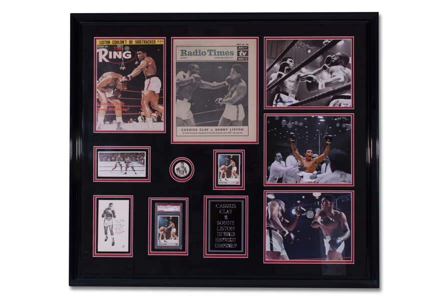 CASSIUS CLAY SIGNED PHOTOGRAPH ON LARGE FORMAT FRAME DISPLAY FEATURING CLAY VS. LISTON FIGHTS, INCLUDES PSA NM-MT 8 AW SPORTS BOXING #146 CLAY VS LISTON - PSA/DNA
