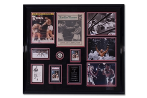 CASSIUS CLAY SIGNED PHOTOGRAPH ON LARGE FORMAT FRAME DISPLAY FEATURING CLAY VS. LISTON FIGHTS, INCLUDES PSA NM-MT 8 AW SPORTS BOXING #146 CLAY VS LISTON - PSA/DNA