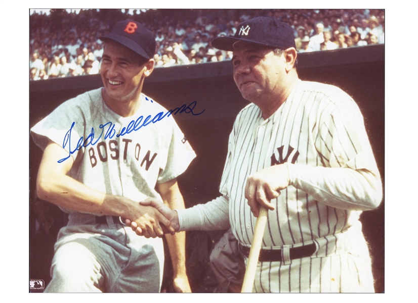TED WILLIAMS AUTOGRAPHED 8" X 10" COLOR PHOTO - STUNNING IMAGE OF TED PICTURED WITH BABE RUTH (NOT SIGNED BY BABE) - BECKETT LOA