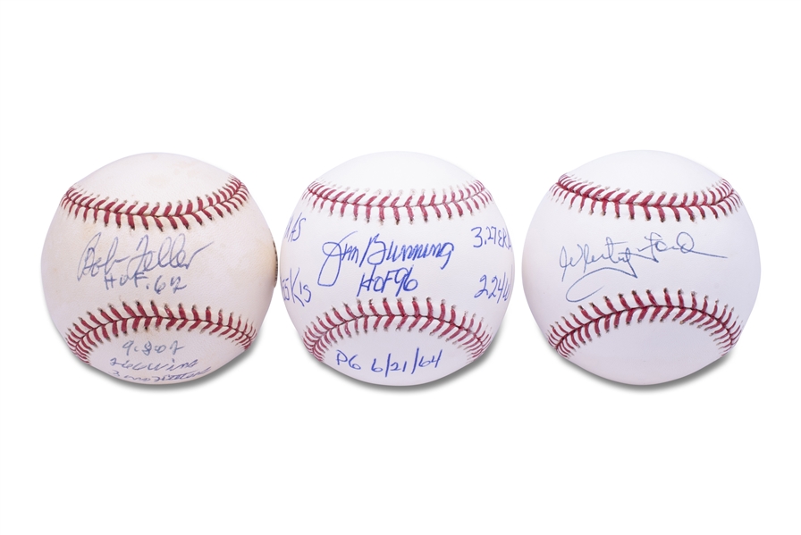 TRIO OF HALL OF FAME PITCHING ACES SINGLE SIGNED BASEBALLS - (1) JIM BUNNING & (1) BOB FELLER & (1) WHITEY FORD - BOLD BALLPOINT - ALL PSA/DNA