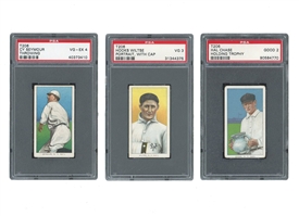 TRIO OF 1909-11 T206 OLD MILL INCLUDING HAL CHASE HOLDING TROPHY - PSA GOOD 2, HOOKS WILTSE PORTRAIT WITH CAP - PSA VG 3 & CY SEYMOUR THROWING - PSA VG-EX 4