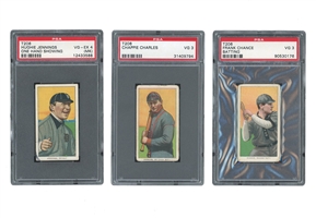 TRIO OF 1909-11 T206 SWEET CAPORAL INCLUDING FRANK CHANCE BATTING - PSA VG 3, CHAPPIE CHARLES - PSA VG 3 & HUGHIE JENNINGS ONE HAND SHOWING - PSA VG-EX 4 (MK)