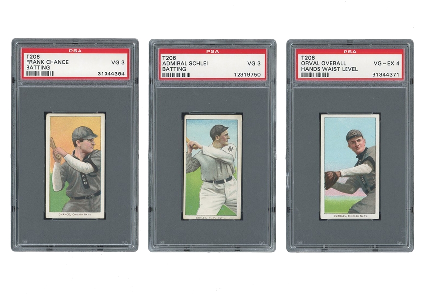 TRIO OF 1909-11 T206 PIEDMONT INCLUDING FRANK CHANCE BATTING - PSA VG 3, ADMIRAL SCHLEI BATTING - PSA VG 3 & ORVAL OVERALL HANDS WAIST LEVEL - PSA VG-EX 4