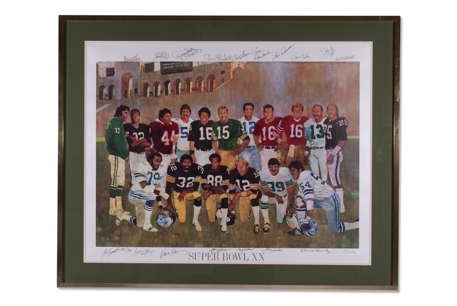 STUNNING 1986 SUPER BOWL XX LIMITED EDITION (9/55) 33" X 40 1/2" FRAMED BERNIE FUCHS LITHOGRAPH SIGNED BY ALL SUPER BOWL MVPS UP TO THAT POINT - (17) AUTOGRAPHS INCL. STARR, NAMATH, STAUBACH,...