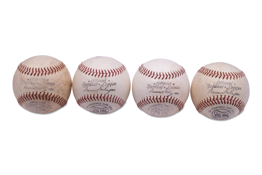 GROUP OF VINTAGE GAME USED SPALDING UNSIGNED ONL BASEBALLS - (8) WARREN GILES NL PRES. 52-69 & (4) CHARLES FEENEY NL PRES. 70-86 - PERFECT FOR AUTOGRAPHS OF PERIOD PLAYERS - IN SPALDING BOX