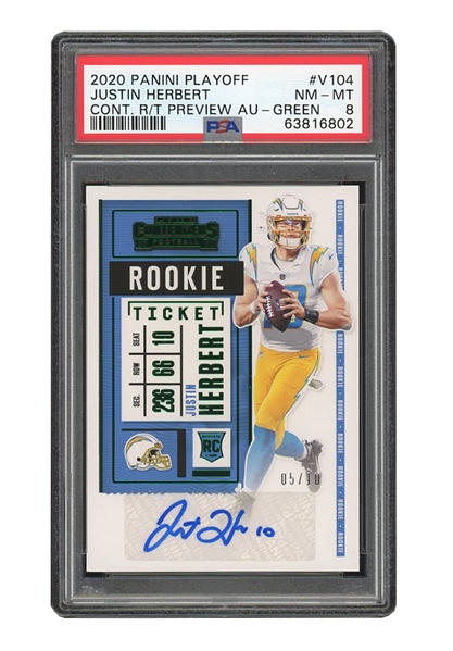 2020 PANINI PLAYOFF CONTENDERS ROOKIE TICKET PREVIEW AUTOGRAPHS #V104 JUSTIN HERBERT 5/10 - PSA NM-MT 8 
